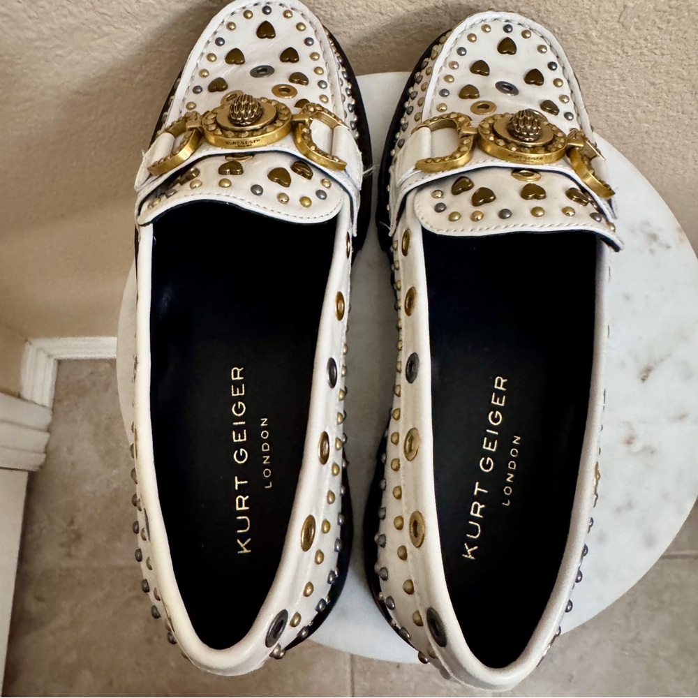 NEW Women KURT GEIGER Mansion Cream Gold Studs eagle leather Loafer EU40/US9 - Picture 7 of 10